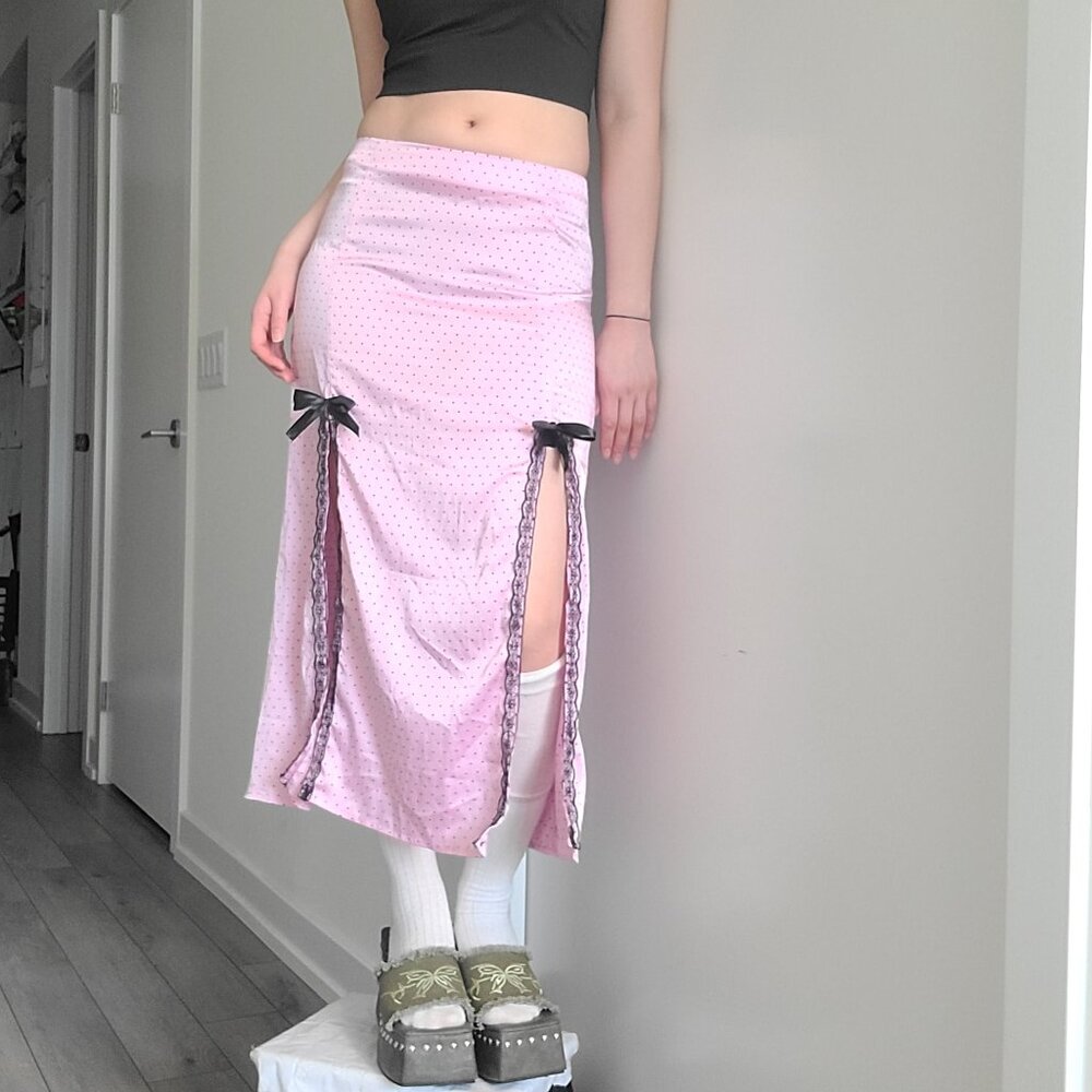 Reworked Pink Polka Dot Lace Big Bow Silk Maxi Skirt